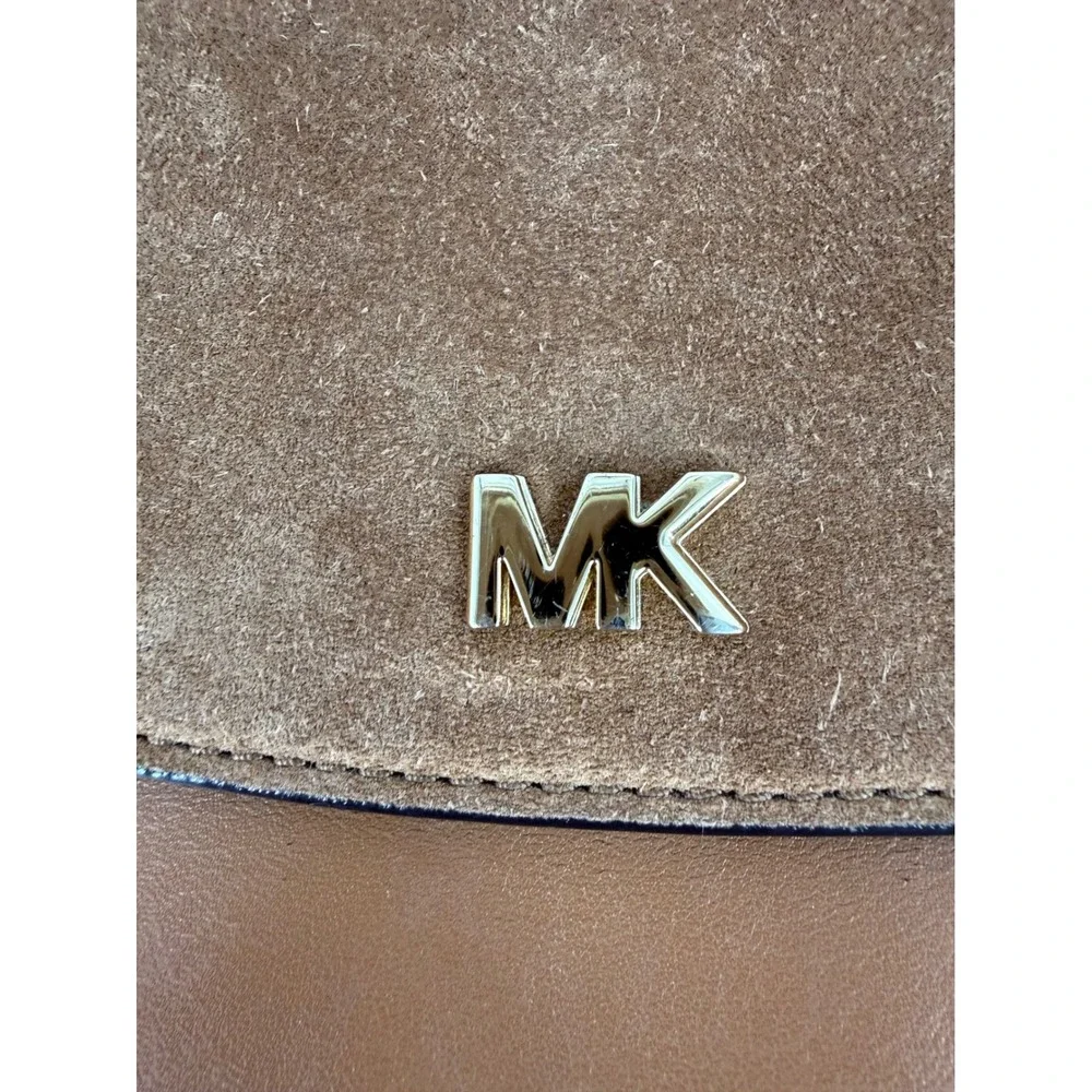 Michael Kors Tan Leather Suede Saddle Crossbody Bag Gold Chain Logo Brown Small